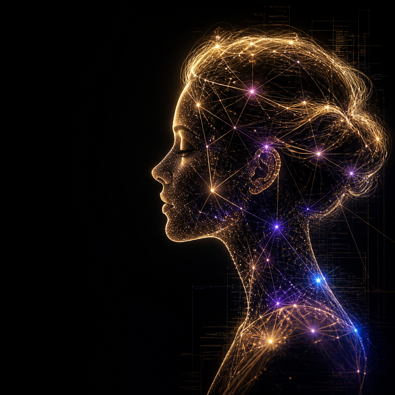 Vivi artwork showing a human profile formed by connected golden and violet light.